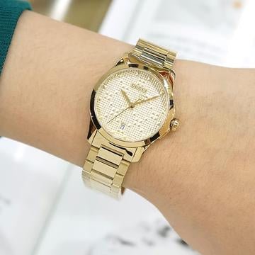  Shop Authentic Gucci G Timeless Gold Dial Gold Steel Strap Watch For Women - YA126553 - Luxxuri