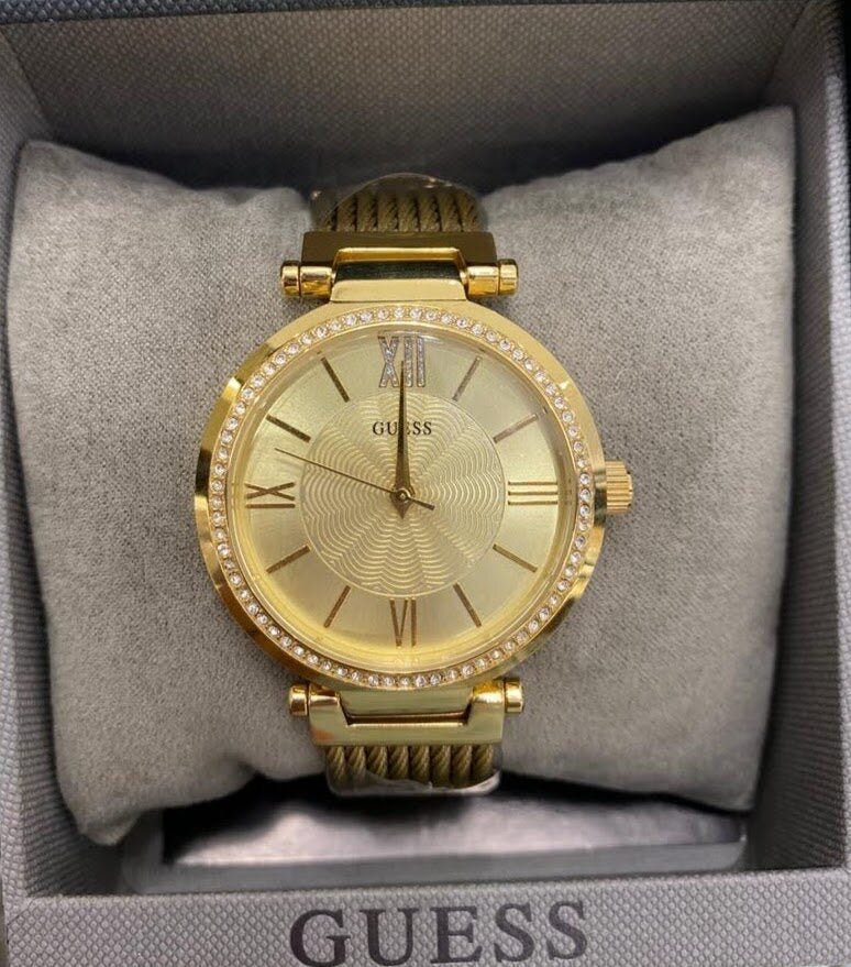  Shop Authentic Guess Soho Champagne Dial Stainless Steel Mesh Bracelet Watch For Women - W0638L2 - Luxxuri