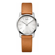 Shop Authentic Calvin Klein City Silver Dial Light Brown Leather Strap Watch For Women- K2G23120 - Luxxuri