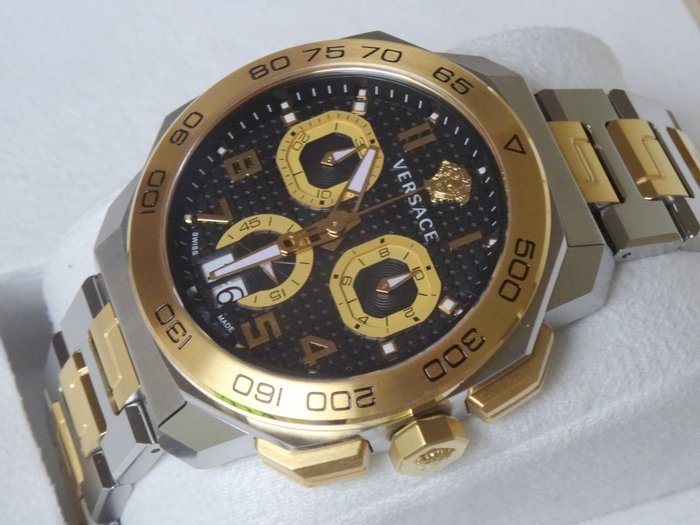  Shop Authentic Versace Dylos Chronograph Black Dial Two Tone Steel Strap Watch for Men - VQC100016 - Luxxuri