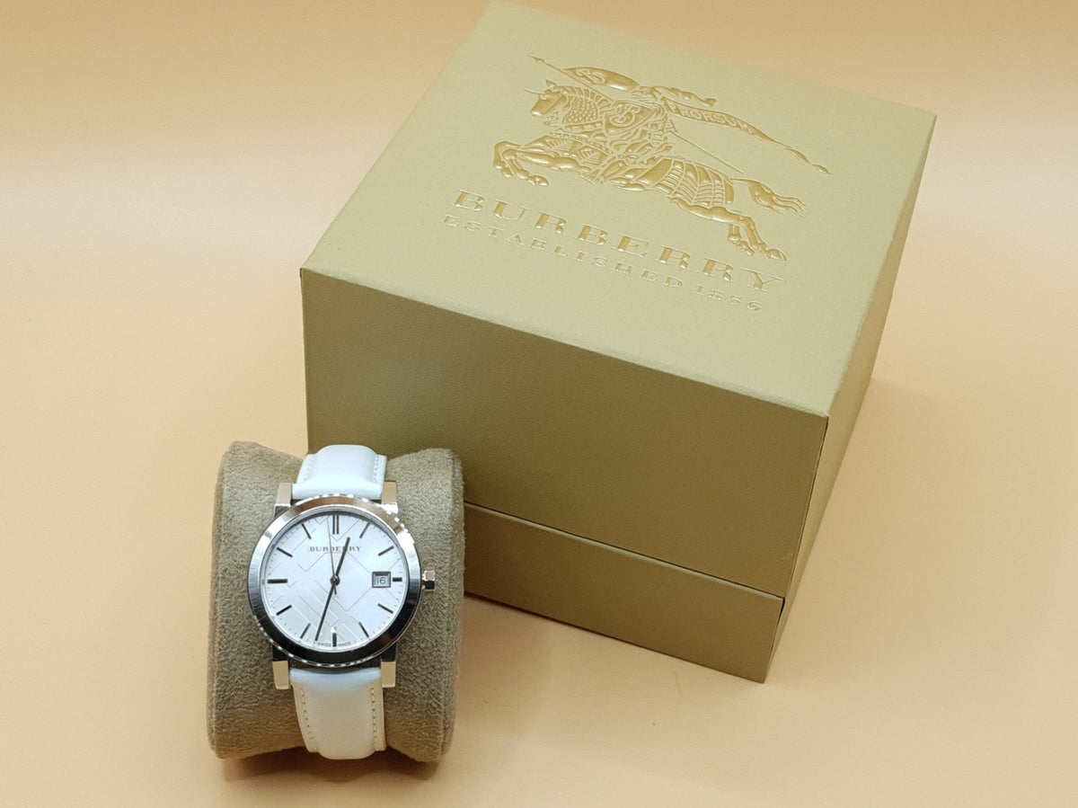  Shop Authentic Burberry The City White Dial White Leather Strap Watch for Women - BU9128 - Luxxuri