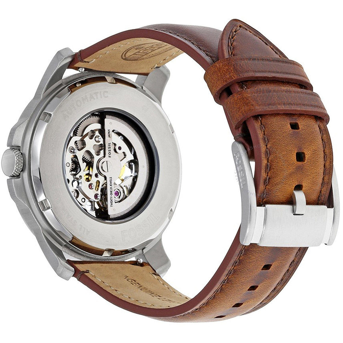  Shop Authentic Fossil Grant Automatic Beige Skeleton Dial Brown Leather Strap Watch for Men - ME3099 - Luxxuri