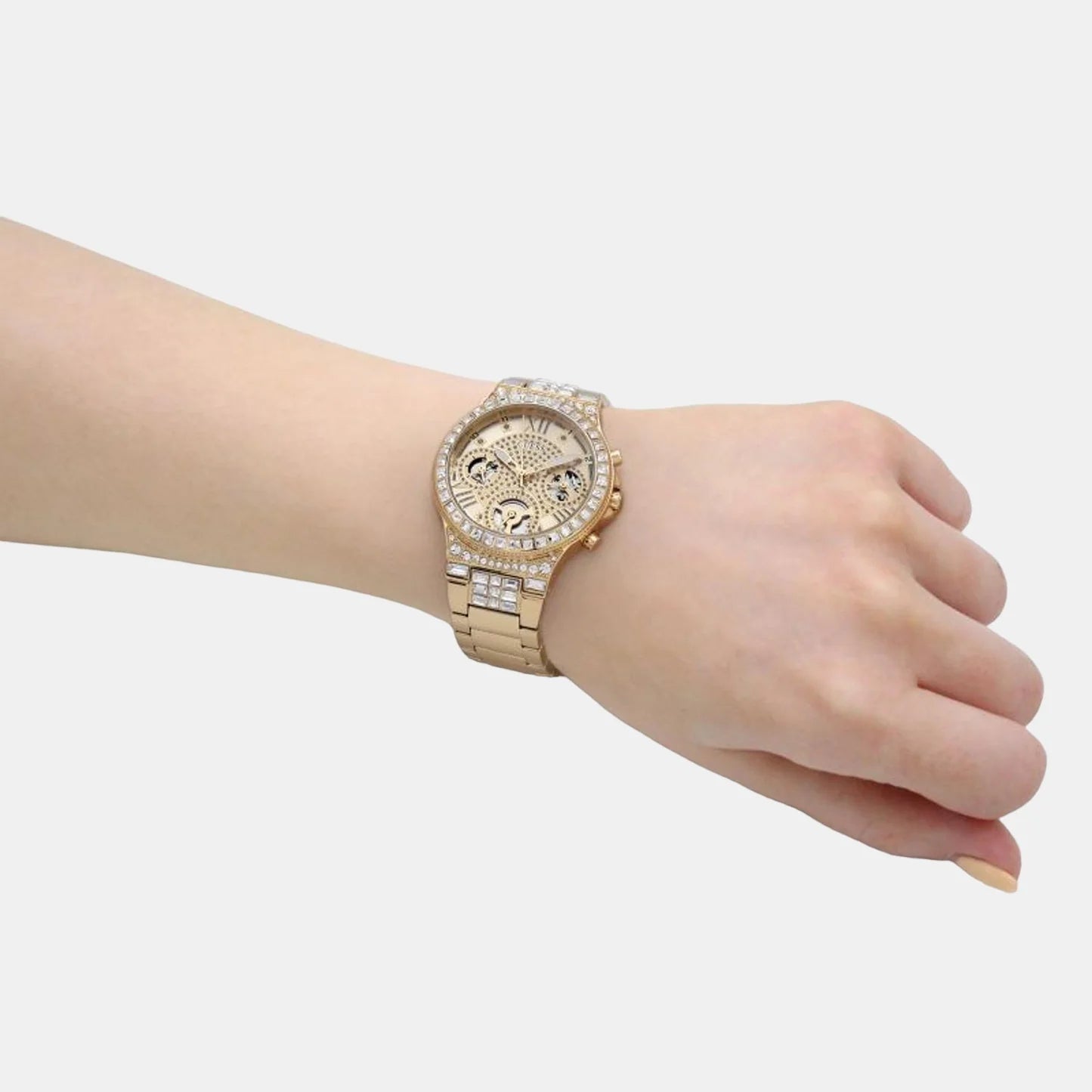  Shop Authentic Guess Moonlight Multi Function Diamonds Gold Dial Gold Steel Strap Watch for Women - GW0320L2 - Luxxuri