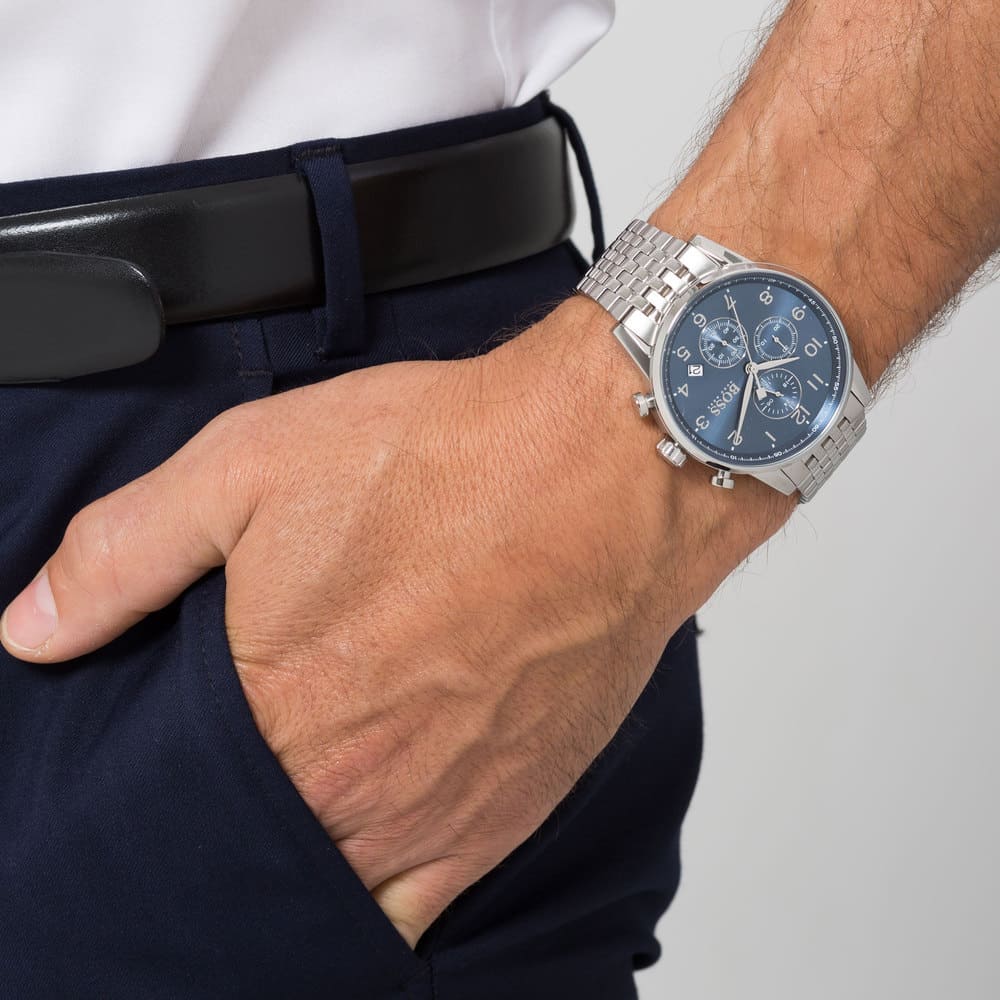  Shop Authentic Hugo Boss Navigator Chronograph Blue Dial Silver Steel Strap Watch for Men - 1513498 - Luxxuri