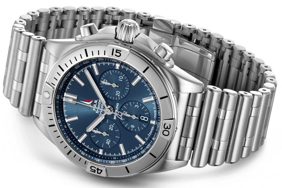  Shop Authentic Breitling Chronomat B01 42 Frecce Tricolori Blue Dial Silver Steel Strap Watch for Men - AB01344A1C1A1 - Luxxuri