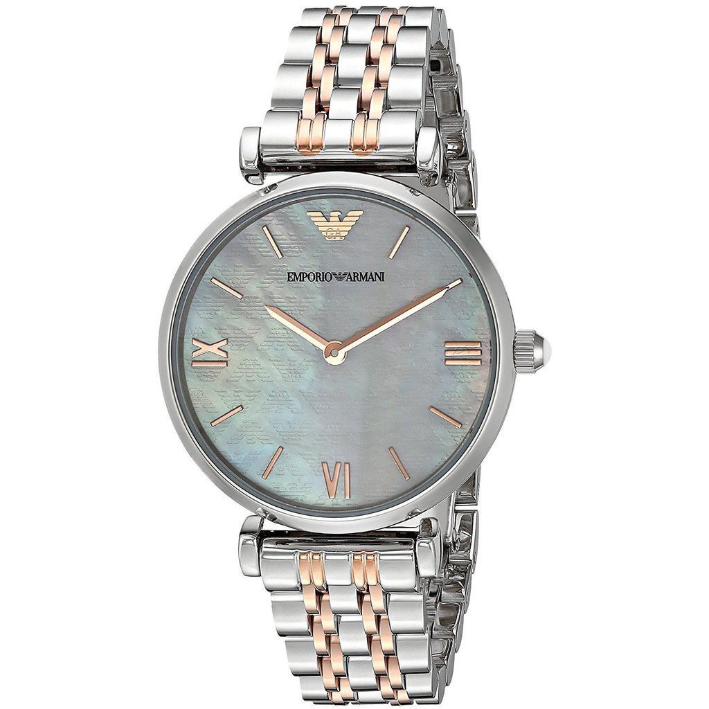  Shop Authentic Emporio Armani Gianni T-Bar Mother of Pearl Dial Two Tone Steel Strap Watch For Women - AR1987 - Luxxuri