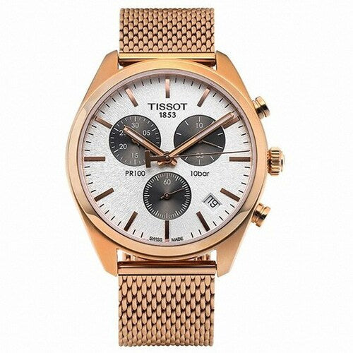 Shop Authentic Tissot T Classic PR 100 Chronograph Silver Dial Rose Gold Mesh Bracelet Watch For Men - T101.417.33.031.01 - Luxxuri