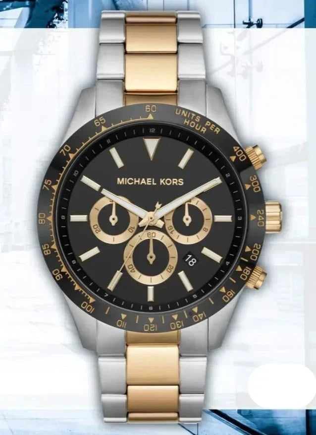  Shop Authentic Michael Kors Layton Chronograph Black Dial Two Tone Steel Strap Watch For Men - MK8784 - Luxxuri