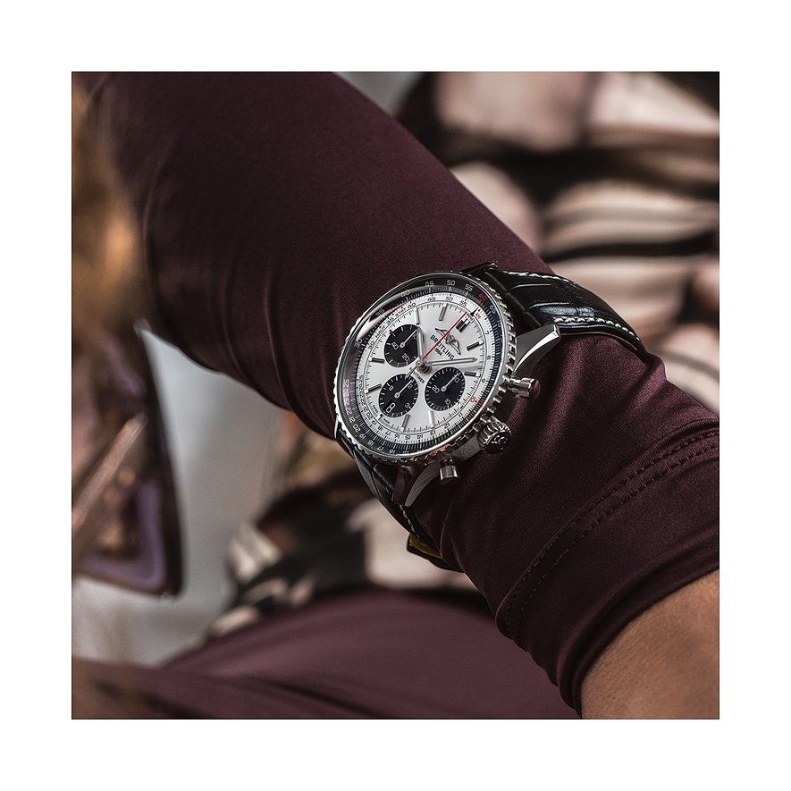  Shop Authentic Breitling Navitimer B01 Chronograph 43 Silver Dial Black Leather Strap Watch for Men - AB0138241G1P1 - Luxxuri