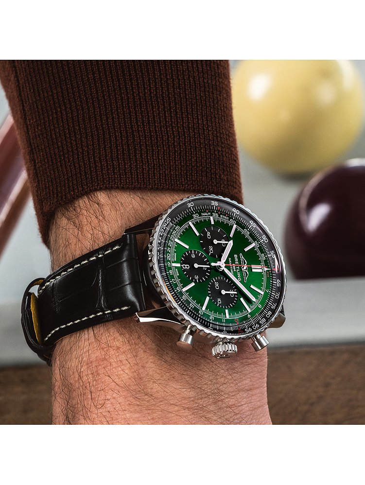 Shop Authentic Breitling Navitimer B01 Chronograph 46 Green Dial Black Leather Strap Watch for Men - AB0137241L1P1 - Luxxuri