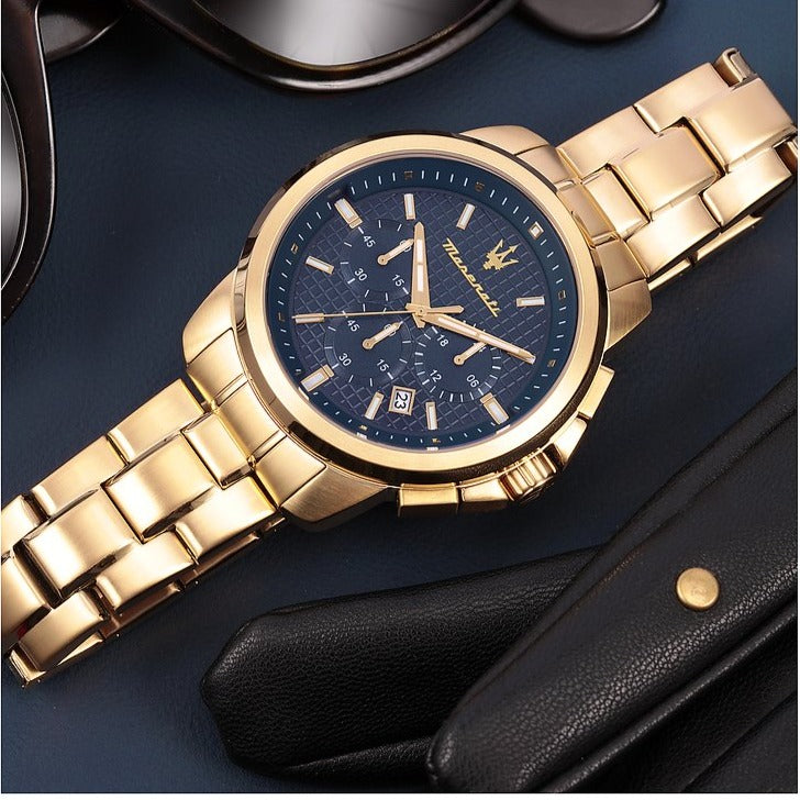  Shop Authentic Maserati Successo Chronograph Blue Dial Gold Steel Strap Watch For Men - R8873621021 - Luxxuri