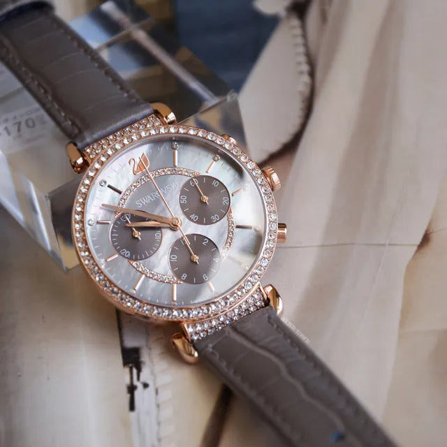  Shop Authentic Swarovski Passage Chrono Grey Dial Grey Leather Strap Watch for Women - 5580348 - Luxxuri