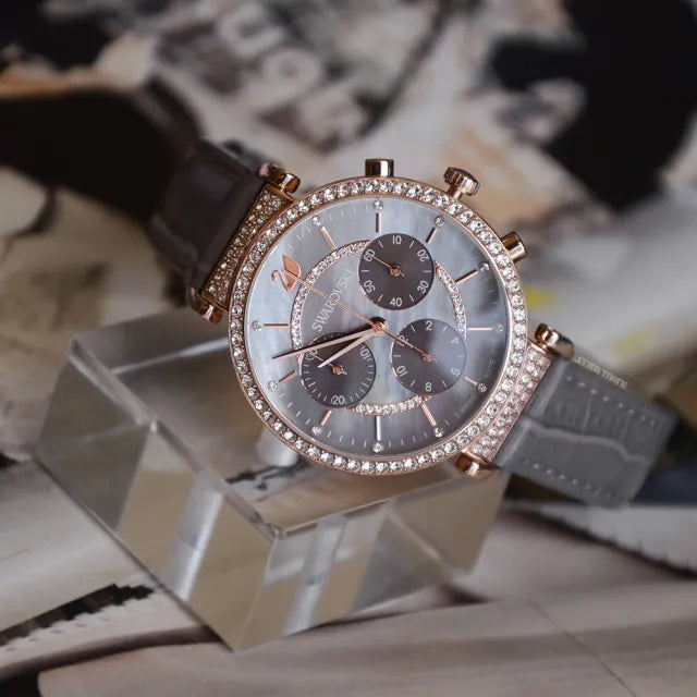  Shop Authentic Swarovski Passage Chrono Grey Dial Grey Leather Strap Watch for Women - 5580348 - Luxxuri