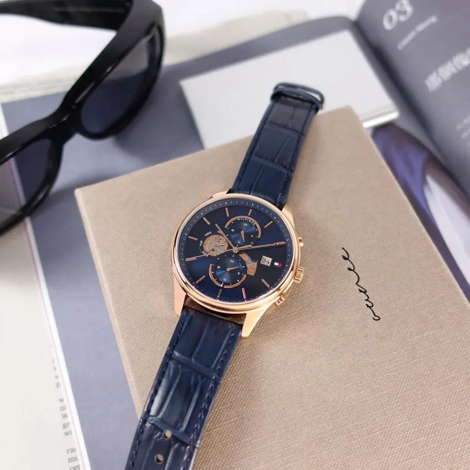  Shop Authentic Tommy Hilfiger Weston Chronograph Blue Dial Blue Leather Strap Watch For Men - 1710503 - Luxxuri