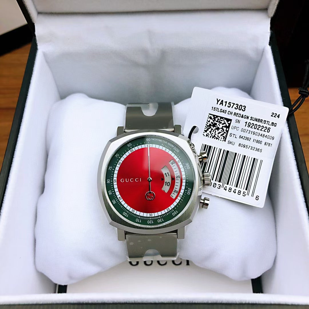  Shop Authentic Gucci Grip Quartz Chronograph Red Dial Silver Steel Strap Watch For Men - YA157303 - Luxxuri