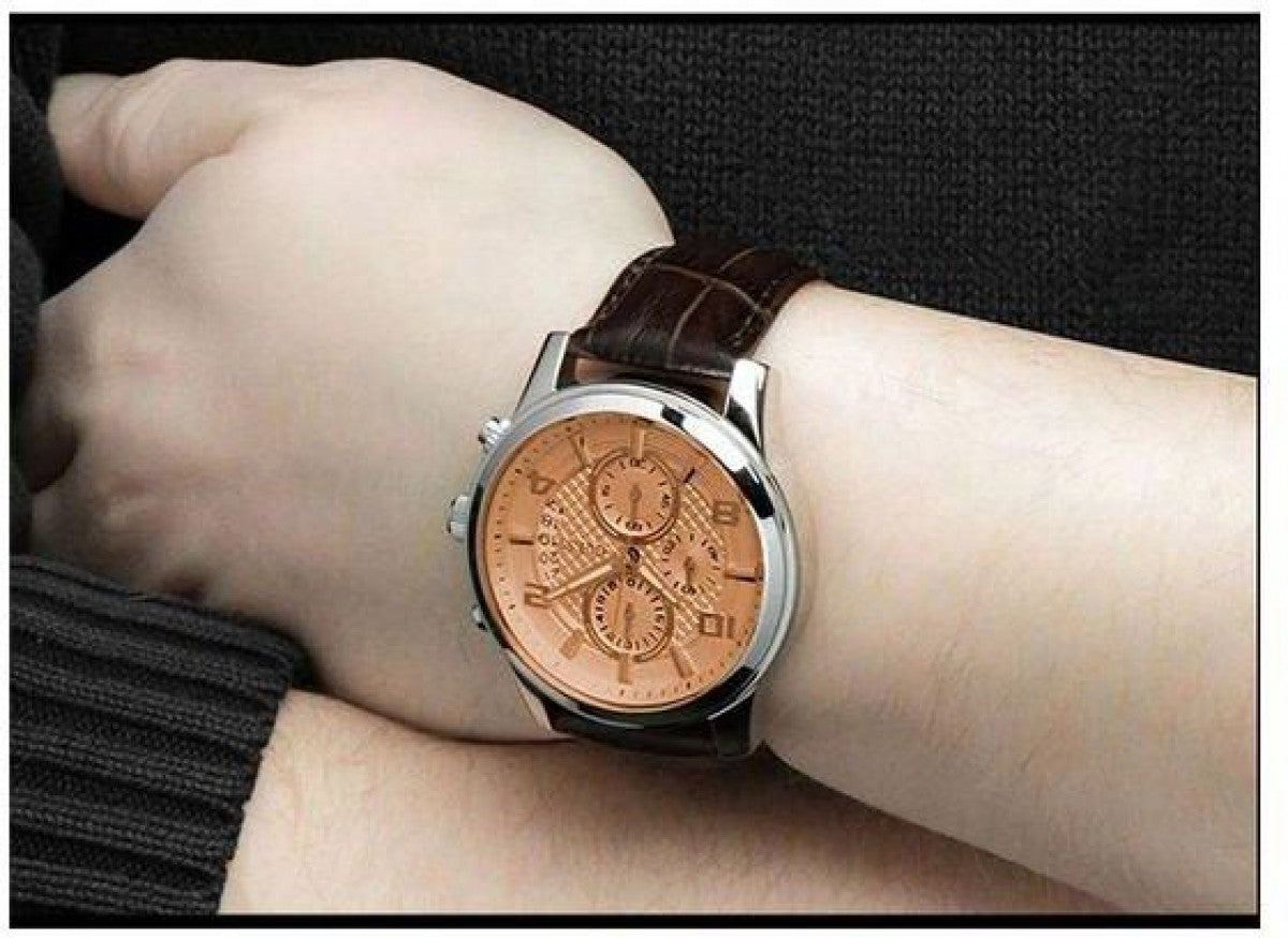  Shop Authentic Guess Exec Chronograph Quartz Gold Dial Brown Leather Strap Watch for Men - W0076G3 - Luxxuri