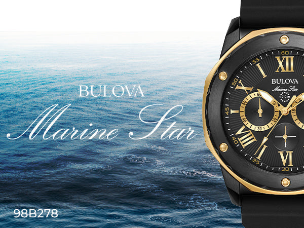  Shop Authentic Bulova Marine Star Chronograph Black Dial Black Rubber Strap Watch for Men - 98B278 - Luxxuri