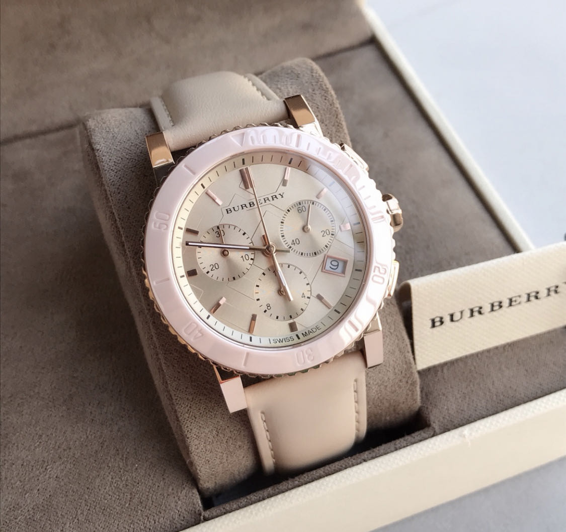  Shop Authentic Burberry The City Chronograph Rose Gold Dial Beige Leather Strap Watch For Women - BU9702 - Luxxuri