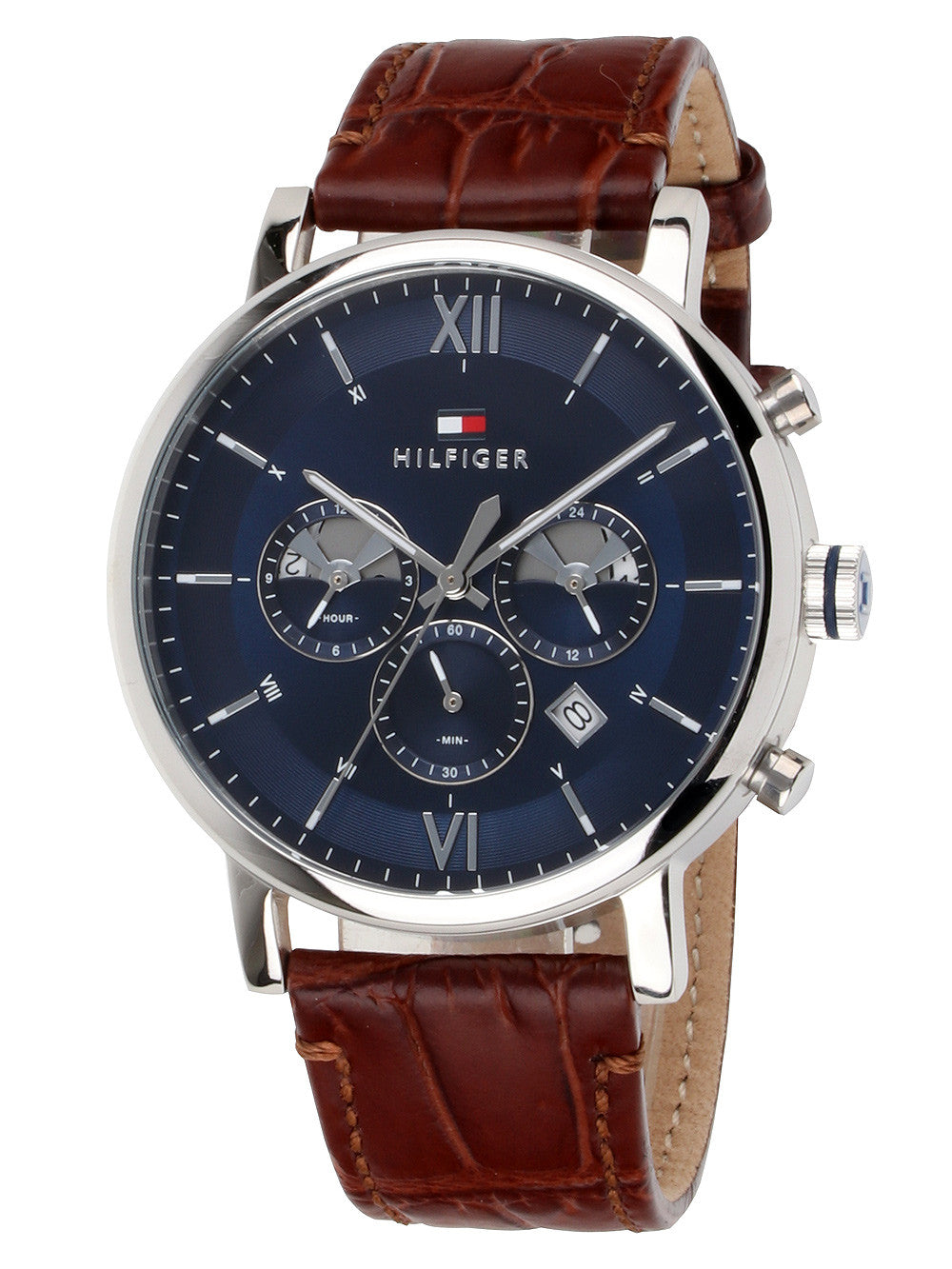  Shop Authentic Tommy Hilfiger Evan Chronograph Blue Dial Brown Leather Strap Watch for Men - 1710393 - Luxxuri