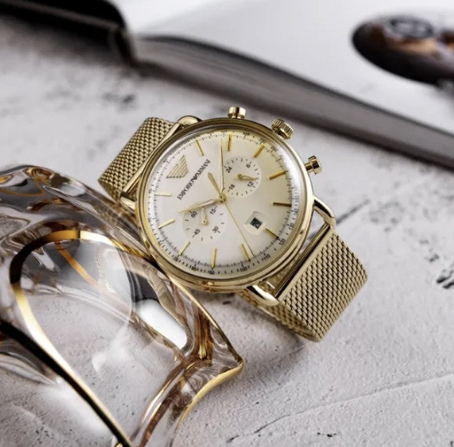  Shop Authentic Emporio Armani Aviator Chronograph Quartz Beige Dial Gold Mesh Bracelet Watch For Men - AR11315 - Luxxuri