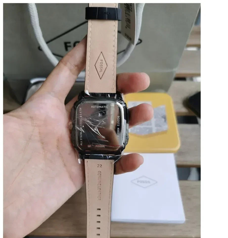  Shop Authentic Fossil Inscription Automatic Skeleton Rose Gold Dial Black Leather Strap Watch for Men - BQ2572 - Luxxuri