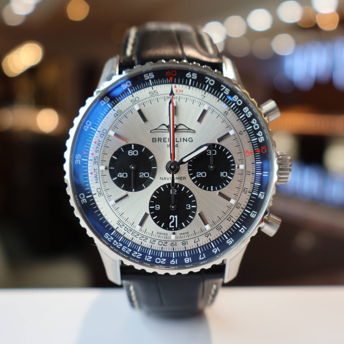  Shop Authentic Breitling Navitimer B01 Chronograph 43 Silver Dial Black Leather Strap Watch for Men - AB0138241G1P1 - Luxxuri