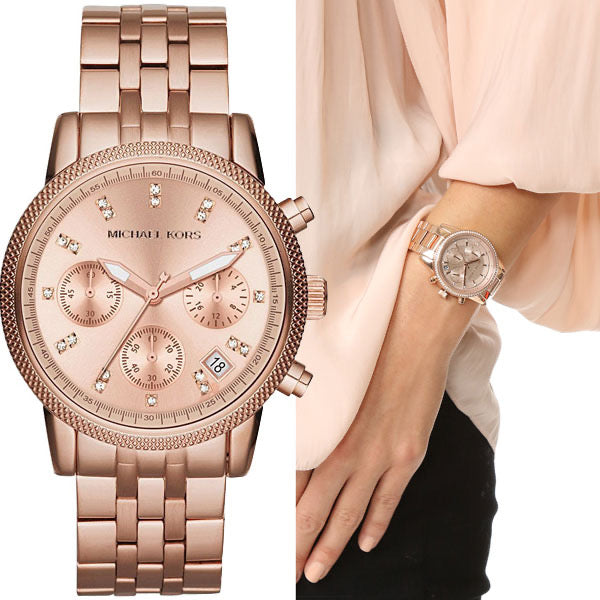  Shop Authentic Michael Kors Ritz Chronograph Rose Gold Dial Rose Gold Steel Strap Watch for Women - MK6077 - Luxxuri