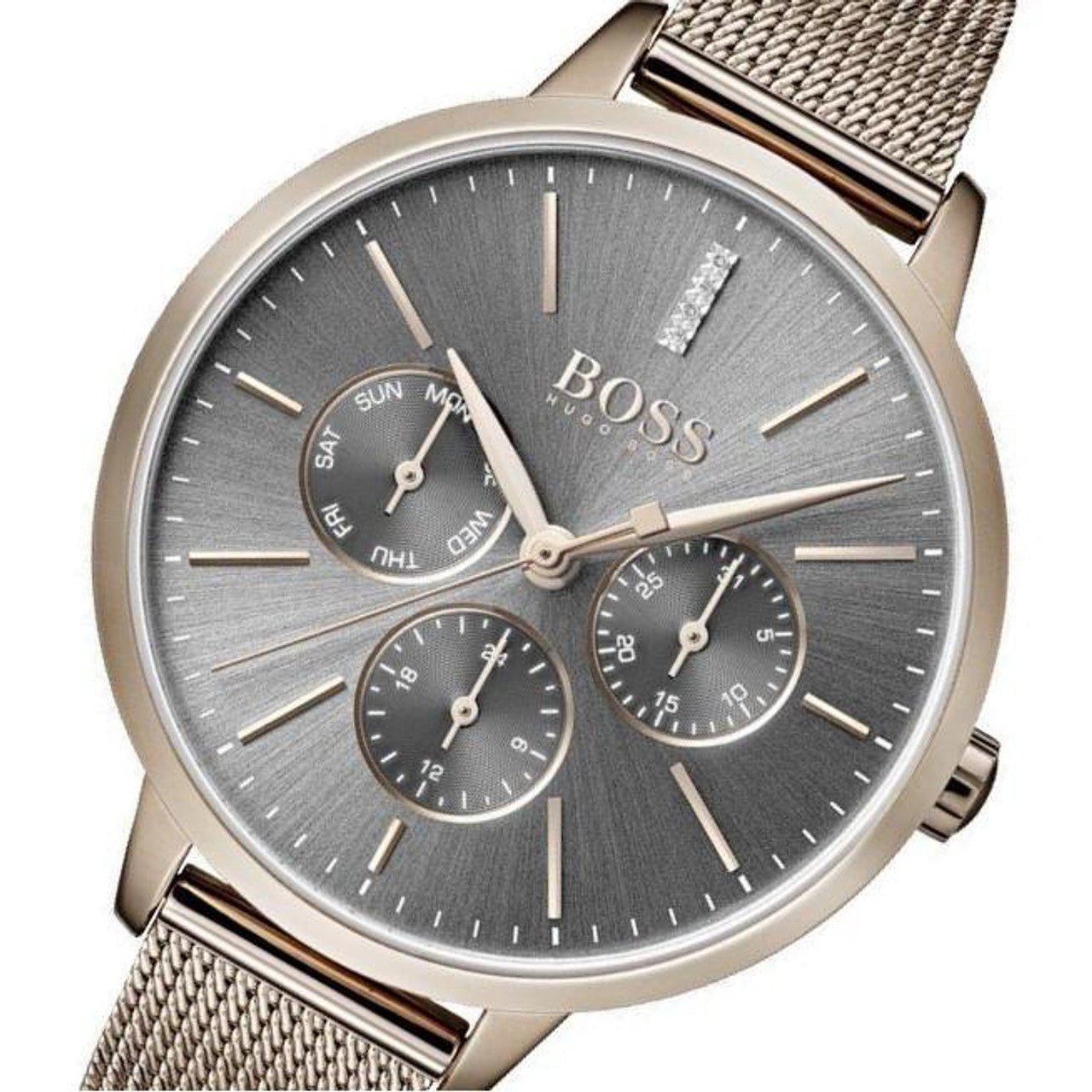  Shop Authentic Hugo Boss Symphony Grey Dial Gold Mesh Bracelet Watch for Women - 1502424 - Luxxuri