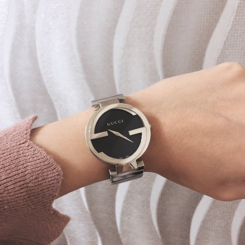  Shop Authentic Gucci G Interlocking Black Dial Silver Steel Strap Watch For Women - YA133307 - Luxxuri