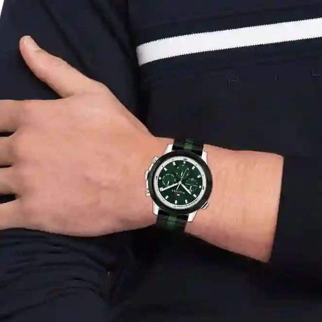  Shop Authentic Tommy Hilfiger Troy Chronograph Green Dial Two Tone Nylon Strap Watch For Men - 1792107 - Luxxuri