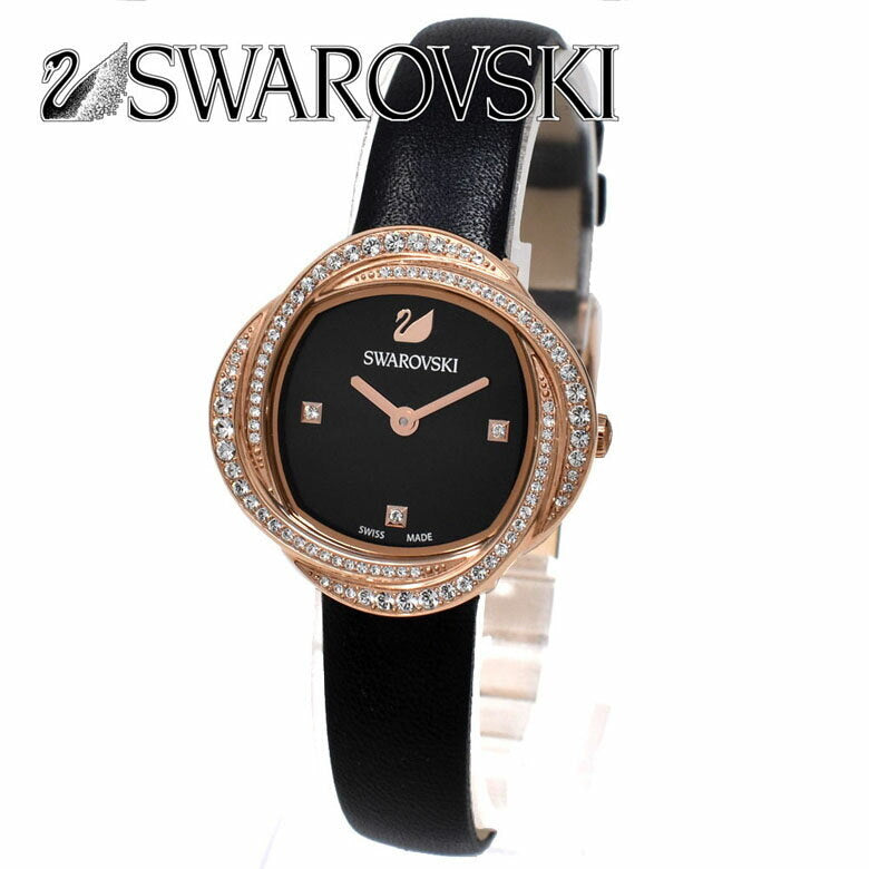  Shop Authentic Swarovski Crystal Flower Black Dial Black Leather Strap Watch for Women - 5552421 - Luxxuri