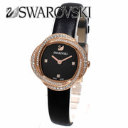  Shop Authentic Swarovski Crystal Flower Black Dial Black Leather Strap Watch for Women - 5552421 - Luxxuri