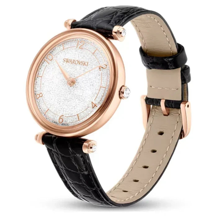  Shop Authentic Swarovski Crystalline Wonder Silver Dial Black Leather Strap Watch for Women - 5653359 - Luxxuri