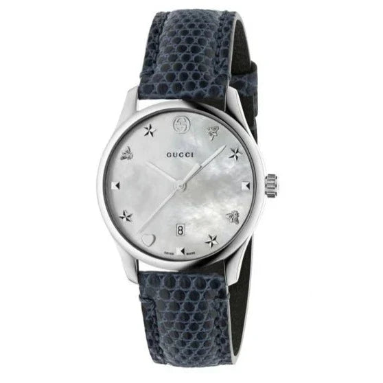  Shop Authentic Gucci G-Timeless Signature Mother of Pearl Silver Dial Blue Leather Strap Watch For Women - YA1264049 - Luxxuri