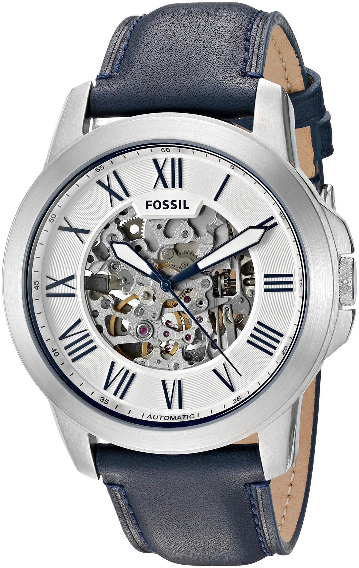  Shop Authentic Fossil Grant Automatic Skeleton Silver Dial Blue Leather Strap Watch for Men - ME3111 - Luxxuri