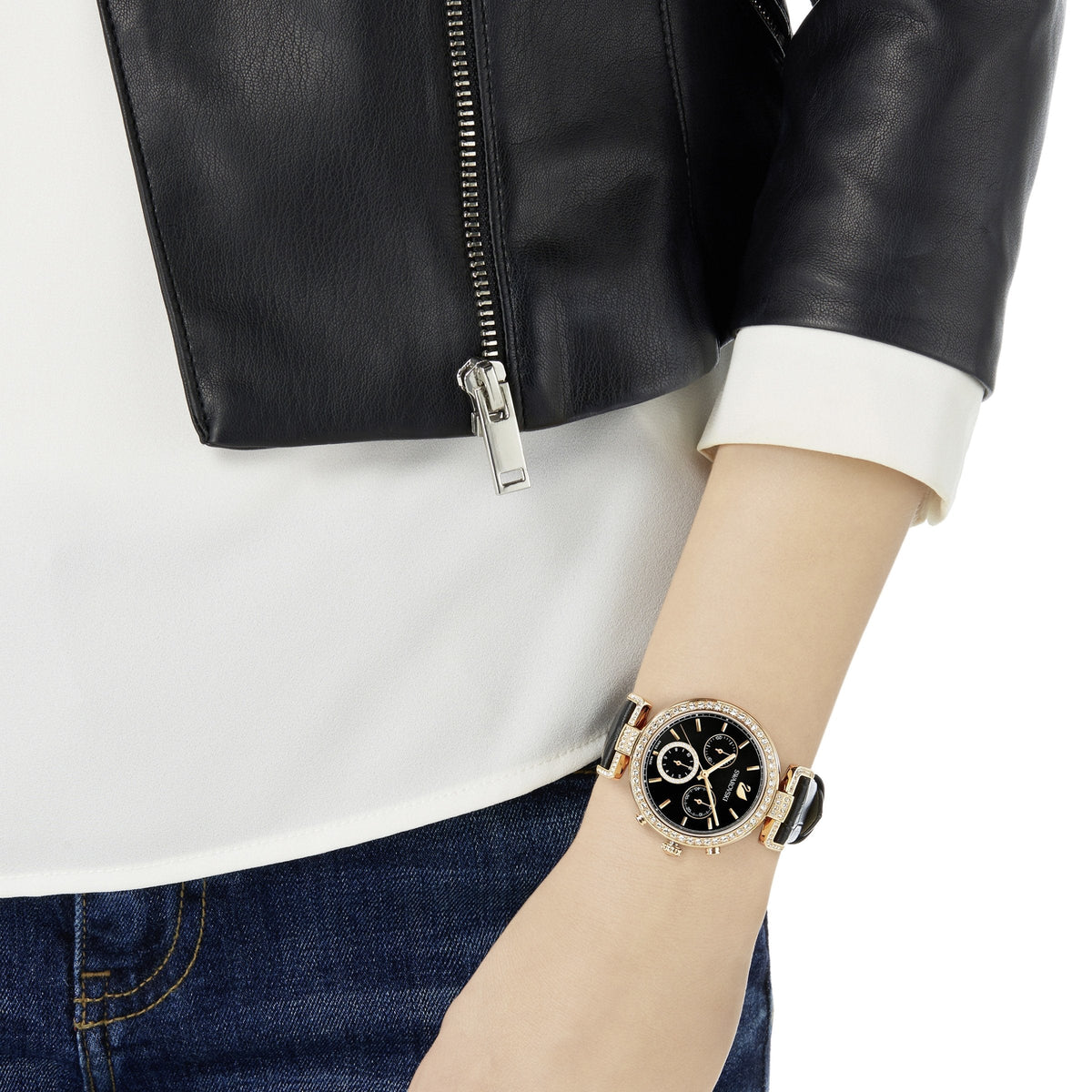  Shop Authentic Swarovski Era Journey Chronograph Black Dial Black Leather Strap Watch for Women - 5295320 - Luxxuri
