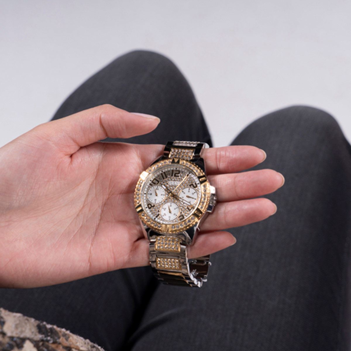  Shop Authentic Guess Frontier Chronograph Crystals Gold Dial Two Tone Steel Strap Watch For Women - W1156L5 - Luxxuri