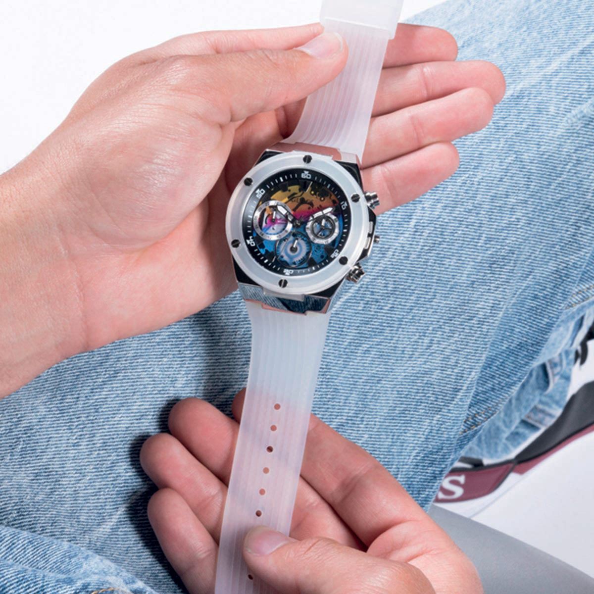  Shop Authentic Guess Poseidon Chronograph Rainbow Dial White Silicone Strap Watch For Men - GW0425G4 - Luxxuri
