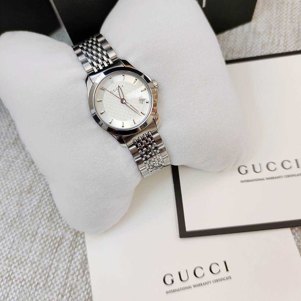  Shop Authentic Gucci G Timeless Silver Dial Silver Steel Strap Watch For Women - YA126501 - Luxxuri