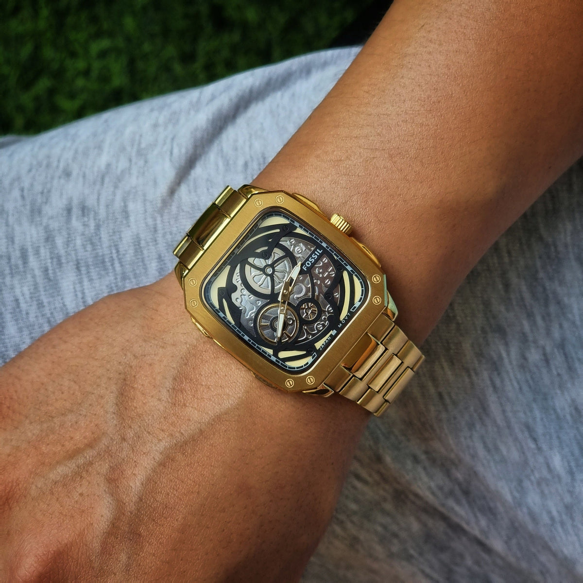  Shop Authentic Fossil Inscription Automatic Skeleton Black Dial Gold Steel Strap Watch for Men - BQ2573 - Luxxuri