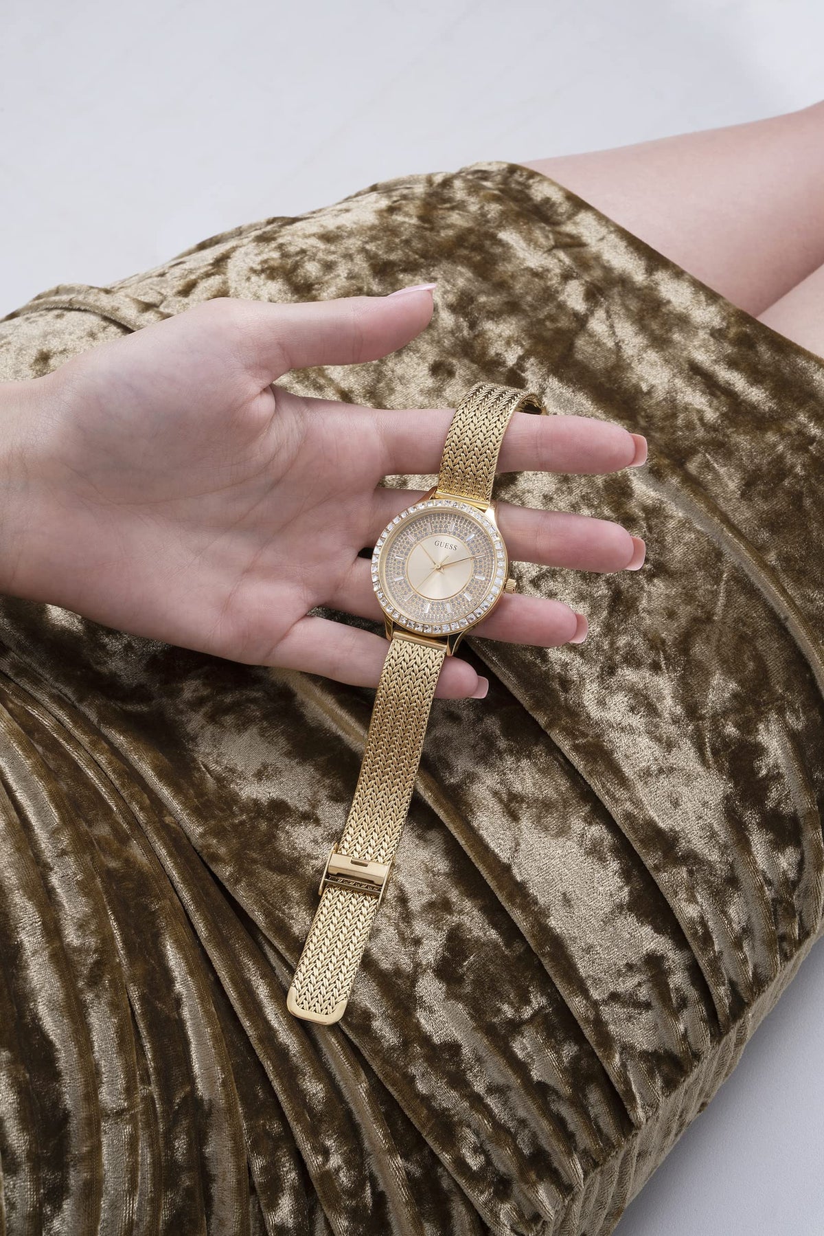  Shop Authentic Guess Soiree Diamonds Gold Dial Gold Mesh Bracelet Watch for Women - GW0402L2 - Luxxuri