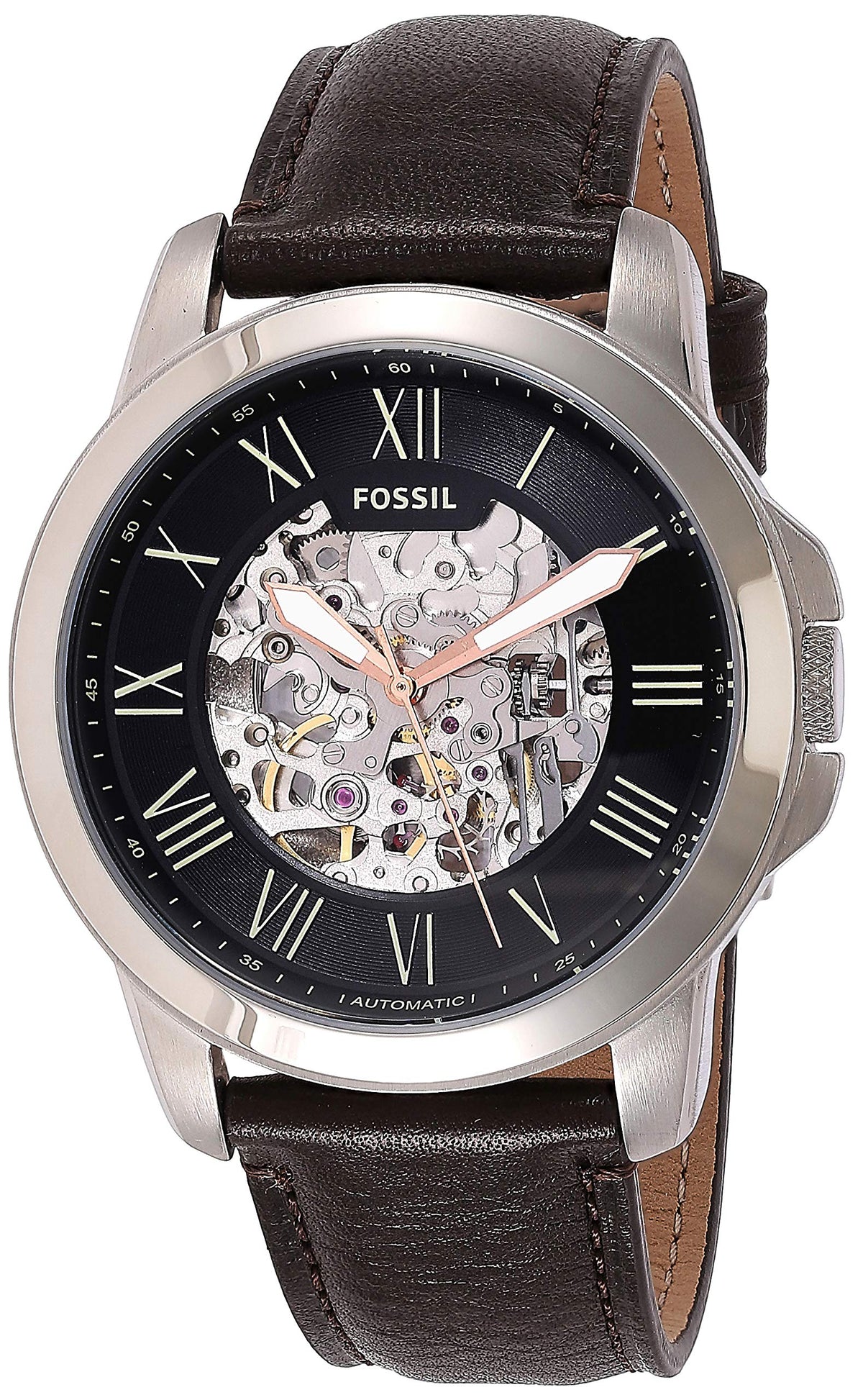  Shop Authentic Fossil Grant Automatic Skeleton Black Dial Brown Leather Strap Watch for Men - ME3100 - Luxxuri
