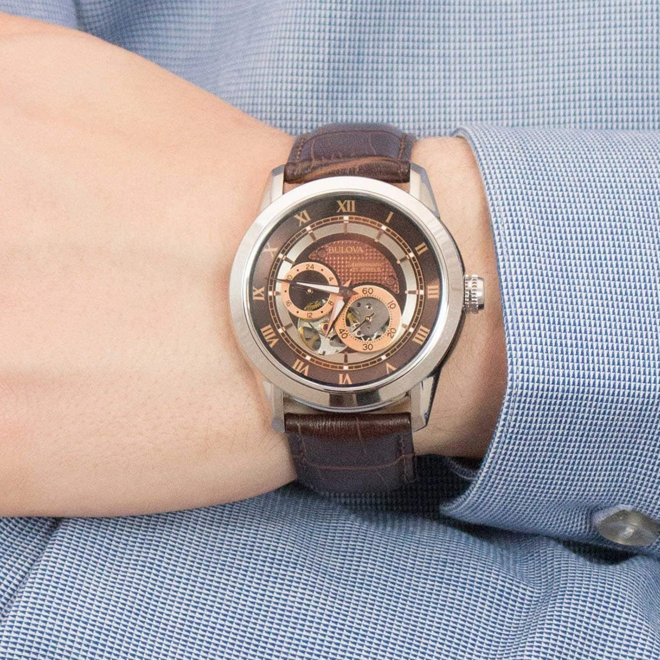  Shop Authentic Bulova Classic Skeleton Automatic Brown Dial Brown Leather Strap Watch for Men - 96A120 - Luxxuri