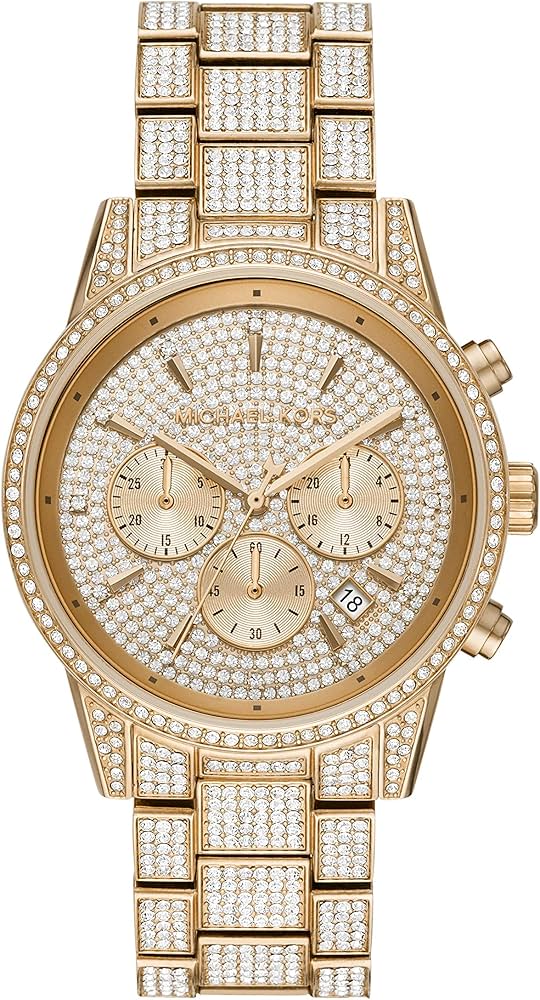  Shop Authentic Michael Kors Ritz Three-Hand Glitz Crystals Gold Dial Gold Steel Strap Watch for Women - MK6747 - Luxxuri