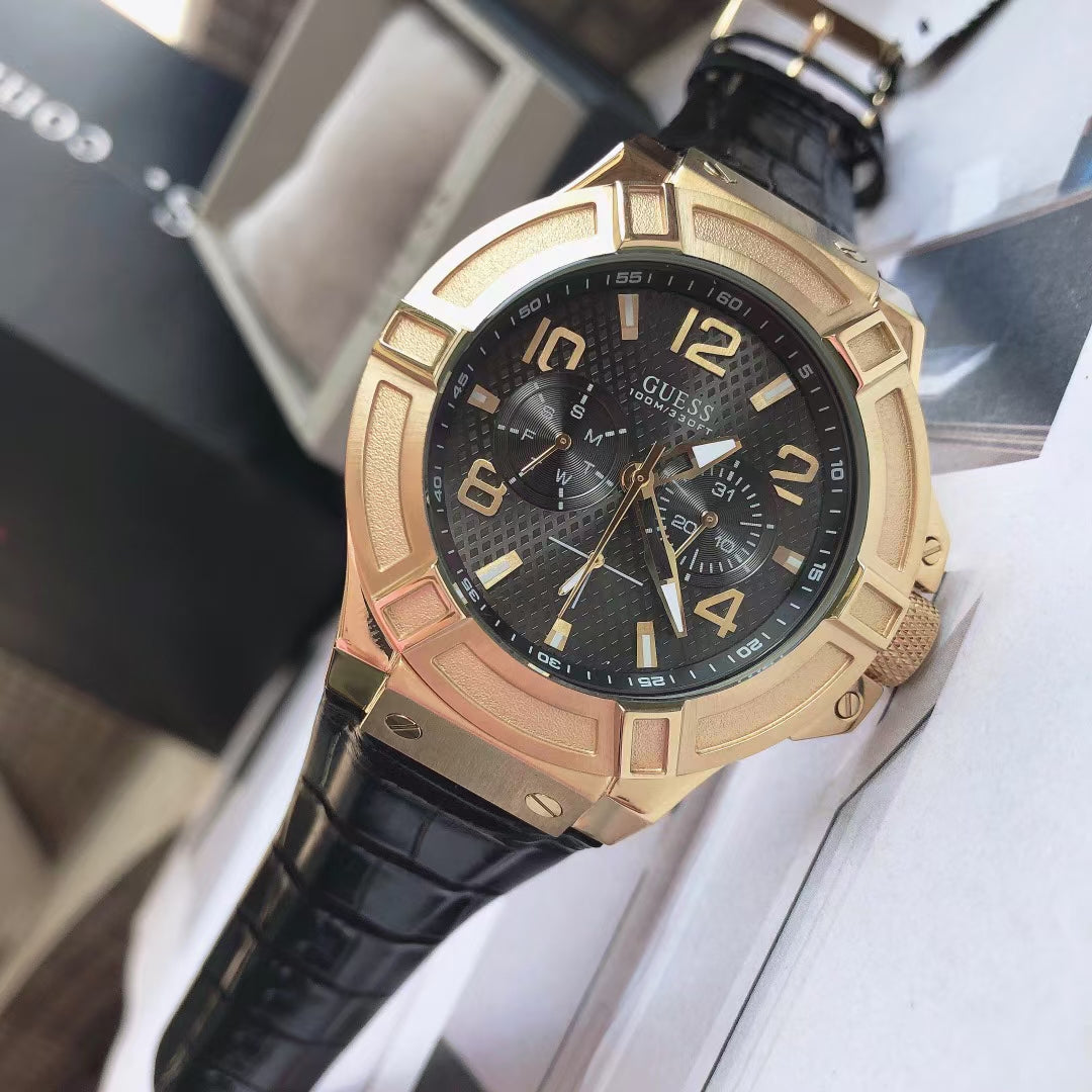  Shop Authentic Guess Rigor Analog Black Dial Black Leather Strap Watch For Men - W0040G4 - Luxxuri
