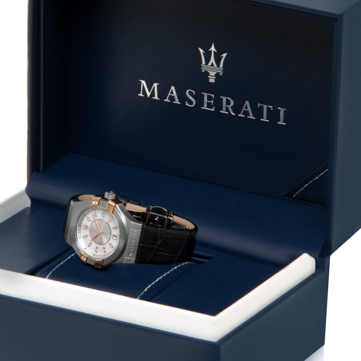  Shop Authentic Maserati Potenza Diamonds Silver Dial Blue Leather Strap Watch For Women - R8851108502 - Luxxuri