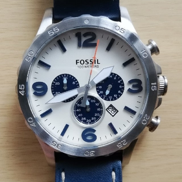  Shop Authentic Fossil Nate Chronograph White Dial Blue Leather Strap Watch for Men - JR1480 - Luxxuri