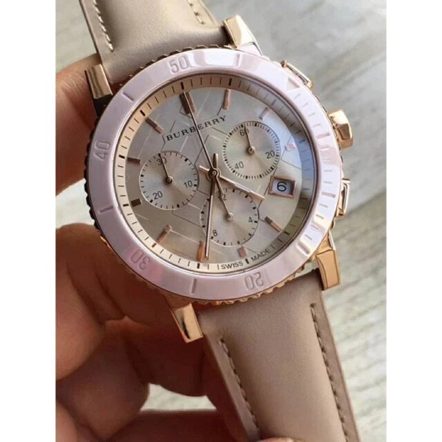  Shop Authentic Burberry The City Chronograph Rose Gold Dial Beige Leather Strap Watch For Women - BU9702 - Luxxuri