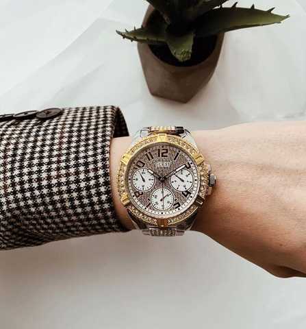  Shop Authentic Guess Frontier Chronograph Crystals Gold Dial Two Tone Steel Strap Watch For Women - W1156L5 - Luxxuri