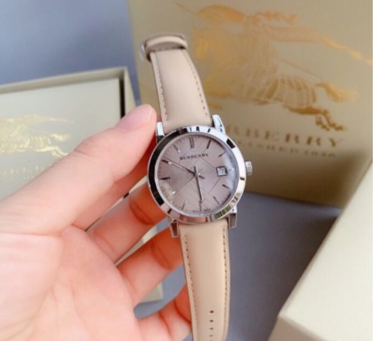  Shop Authentic Burberry The City Beige Dial Beige Leather Strap Watch for Women - BU9207 - Luxxuri